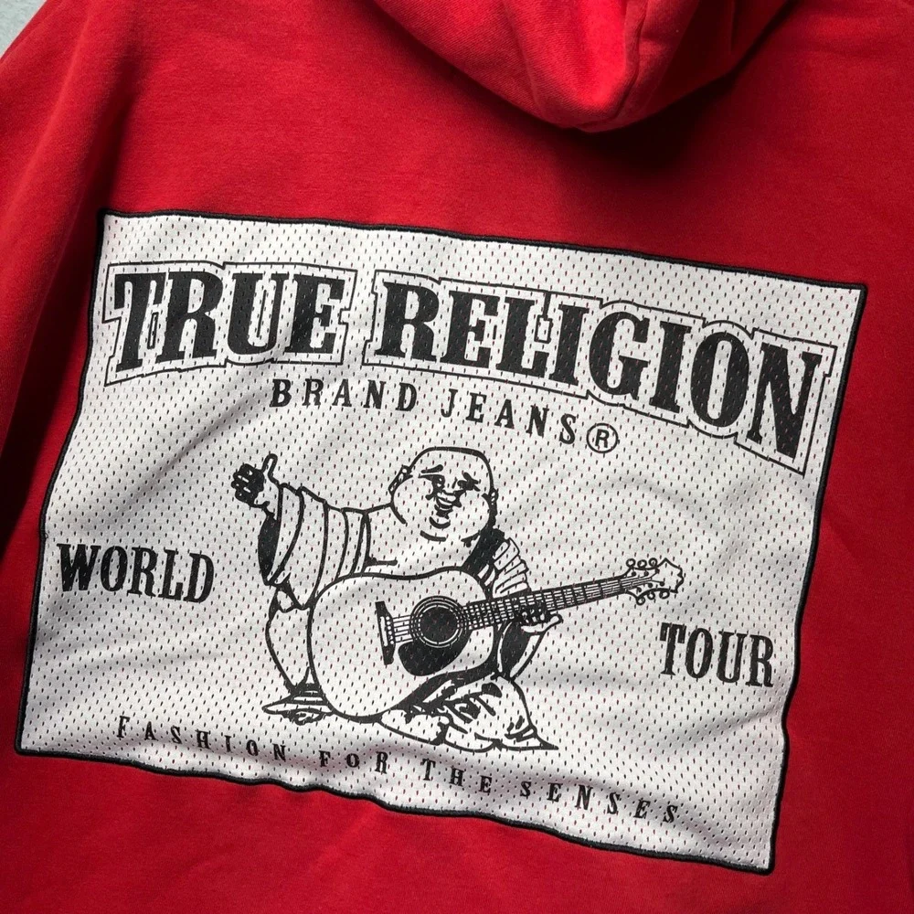 True Religion Mens Red World Tour Buddha Mesh Graphic Pullover Hoodie Size M